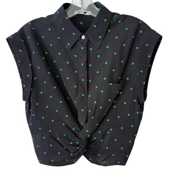 Alexander Wang Tops - Alexander Wang Silk Black Green Dot Twist Front Collared Cropped Shirt Size 6